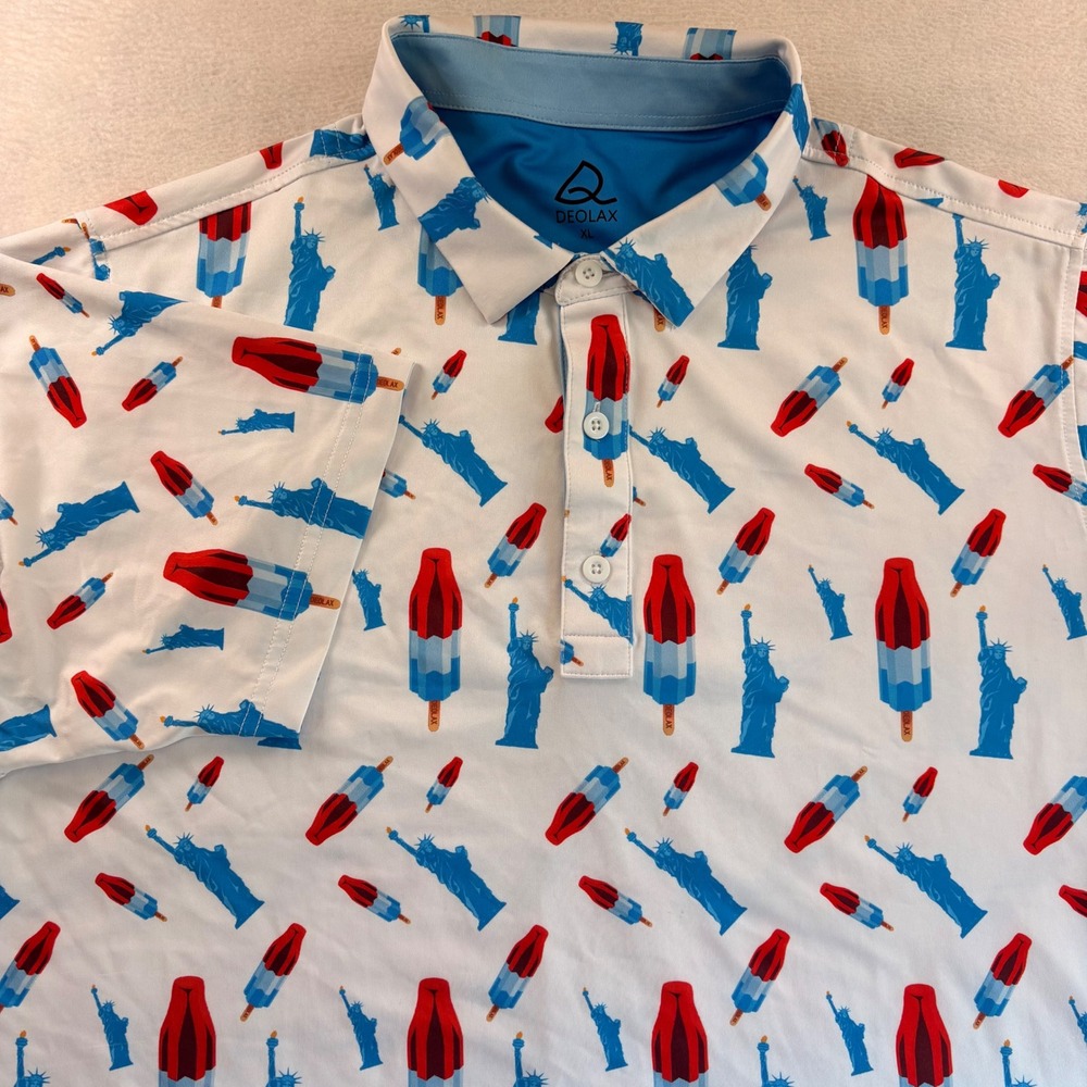 Deolax Mens XL Patriotic Statue of Liberty Popsicle Golf Polo Shirt White Blue